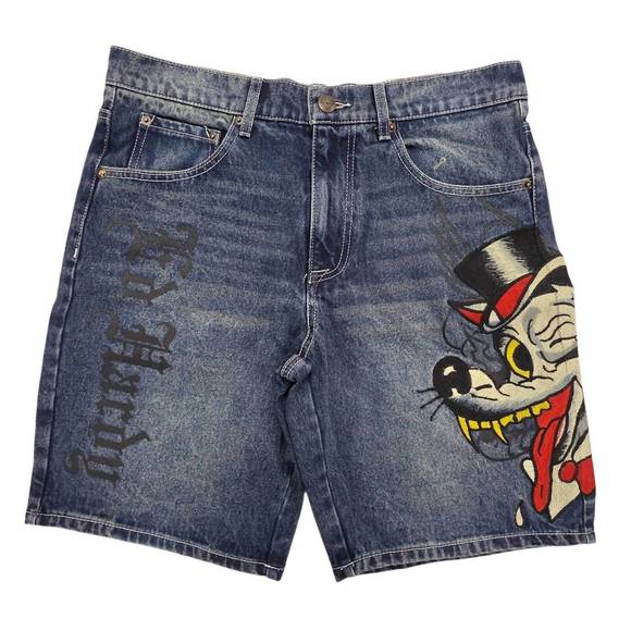 NEW ED HARDY men's wolf skater denim short in med blast - Picture 1 of 2